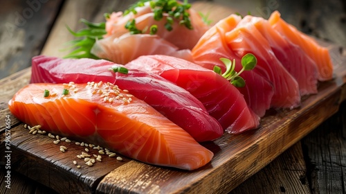 Close up of fresh tuna sashimi with greens on wooden background