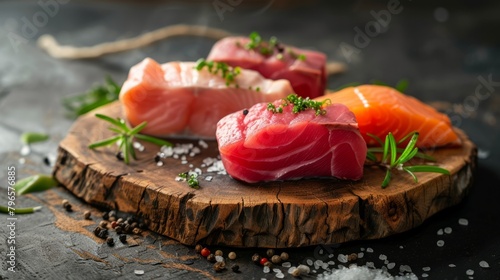 Close up of fresh tuna sashimi with greens on wooden background