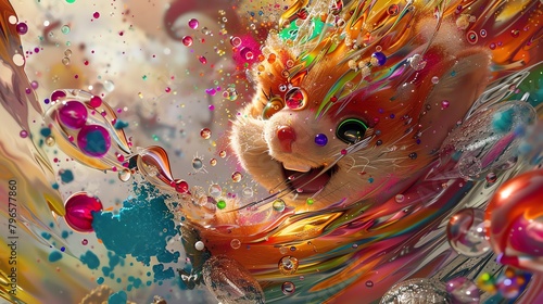 A close-up photo of a colorful hamster surrounded by colorful bubbles.