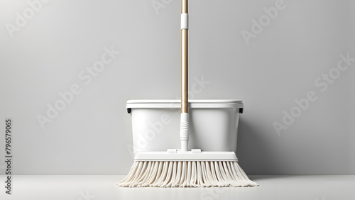 A white mop with a white bucket is leaning against a wall