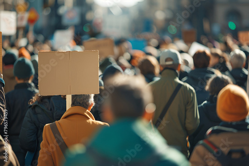 A vibrant image capturing a crowd of people marching in a climate protest, holding signs advocating for action against global warming and carbon dioxide emissions