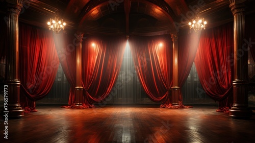 Red theater curtain with spotlights and wooden floor background