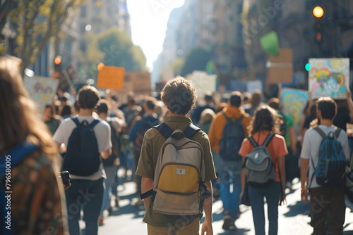 A vibrant image capturing a crowd of people marching in a climate protest, holding signs advocating for action against global warming and carbon dioxide emissions