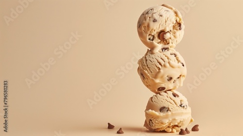 Three scoops of melting chocolate chip ice cream stacked vertically on a beige background