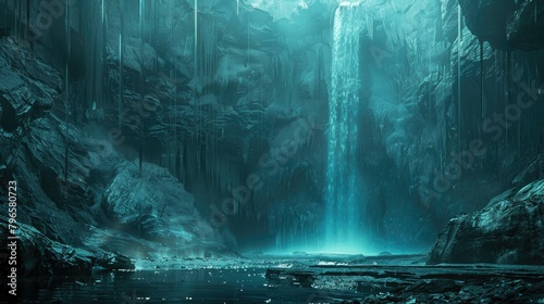 A blue and white cave with a waterfall