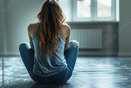 Rear view of a lonely young woman sitting cross-legged on a wooden floor, contemplating in a minimalist room