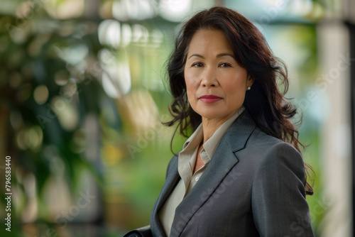 Confident professional woman standing with poise in a modern office environment