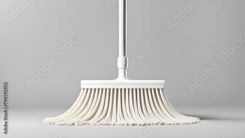 A white broom is leaning against a wall