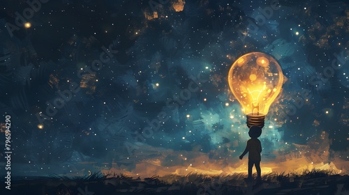A silhouette of a child stands before a massive, illuminated lightbulb in an ethereal, starry field, evoking a sense of wonder and imagination, Digital art style, illustration painting.