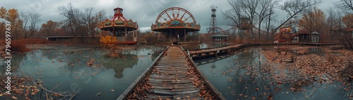 Abandoned amusement park, reclaimed by nature, a place of eerie beauty