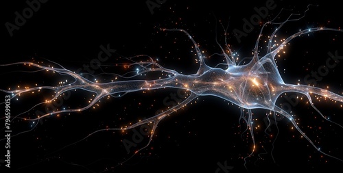 Sharp, detailed image capturing a single neuron in isolation against a black backdrop, with accentuating color highlights revealing its intricate internal structures.