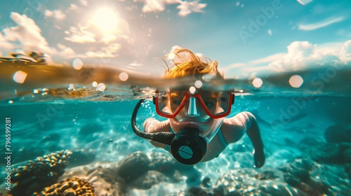 Underwater and above water view of a person snorkeling in clear blue sea, with sun overhead.