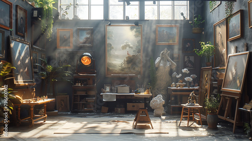 A sun-drenched artist's studio filled with the ephemeral glow of natural light, illuminating canvases and sculptures that inspire creativity at every turn.