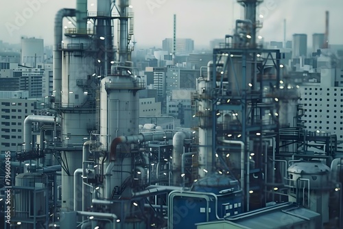 A petrochemical plant featuring intricate piping, towers, and tanks producing a variety of chemicals. Concept Industrial Architecture, Petrochemical Production, Chemical Engineering