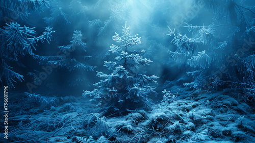 A mysterious fabulous photo in blue a small conifer 