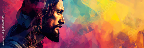 Jesus Christ religious spiritual illustration of faith prayer in digital artwork on colorful background with copy space