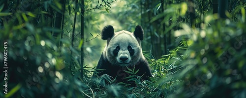 Panda peering through bamboo shoots - A charming image of a panda gently peering through the leaves of a bamboo forest, highlighting its curiosity and natural habitat