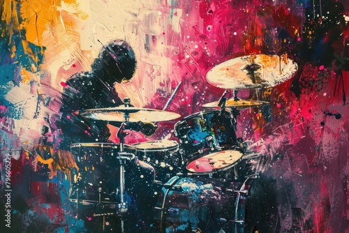 A drummer splashing cymbals in the bar art microphone recreation.