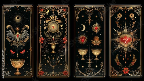 Editable modern illustration of a Minor Arcana Tarot deck. Occult and alchemy symbols. Cups - Faculty Emotions and Love.