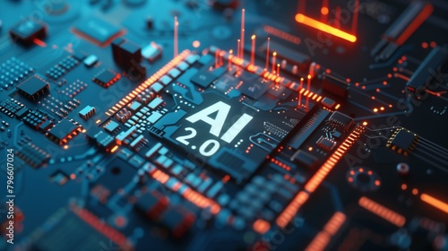 Close-up view of an advanced blue circuit board labeled 'AI 2.0', depicting technology and innovation.