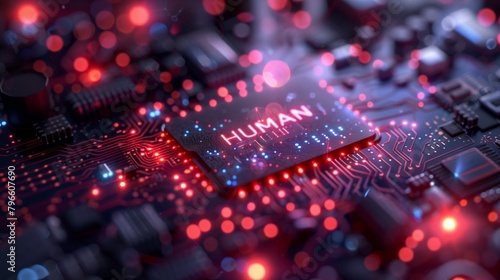 Futuristic circuit board with a chip labeled 'HUMAN' illuminated by blue and red lights.
