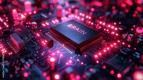Close-up of a futuristic circuit board with a central processor labeled 'BRAIN' illuminated by red lights.