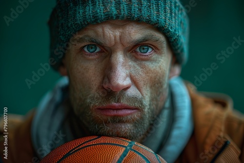 A close-up shot of a man with a determined look, gripping a basketball, suggesting focus and athletic determination