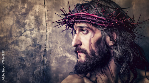 Jesus Christ wearing crown of thorns religious spiritual colorful illustration of faith on abstract background 