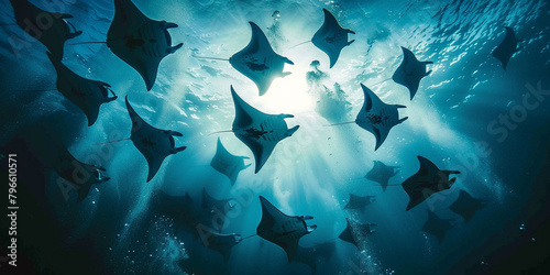 underwater photography of manta ray group migration swimming under the deep blue ocean. illuminated sun ray in the sea.
