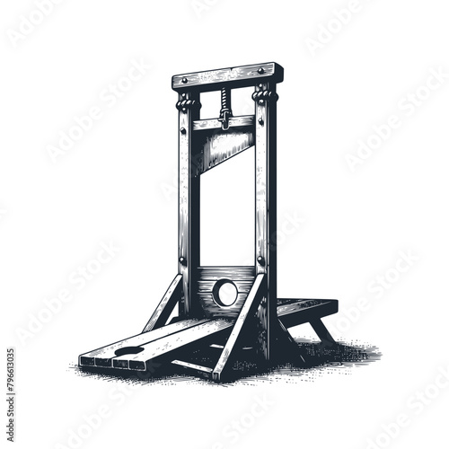 The vintage guillotine. Black white vector illustration.