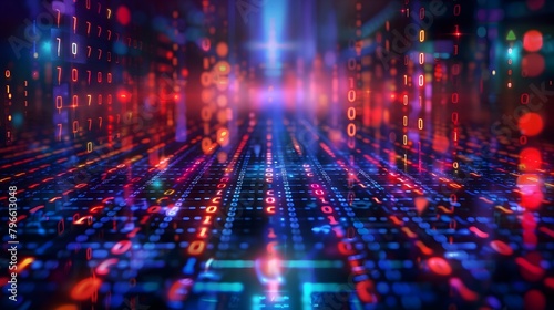 Binary code data encryption glowing background, vibrant digital matrix red blue