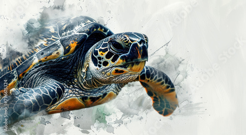 detailed hawksbill turtle graphic with watercolor splash effect for endangered marine species awareness