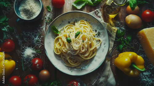 top view of spaghetti on the table, food stylish, italian food