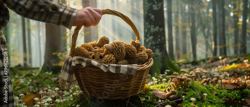 hand holding a basket filled with morel mushrooms at the forest