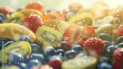 fresh, ripe fruits including sliced kiwi, glistening blueberries, vibrant strawberries, and juicy peaches on the morning sun