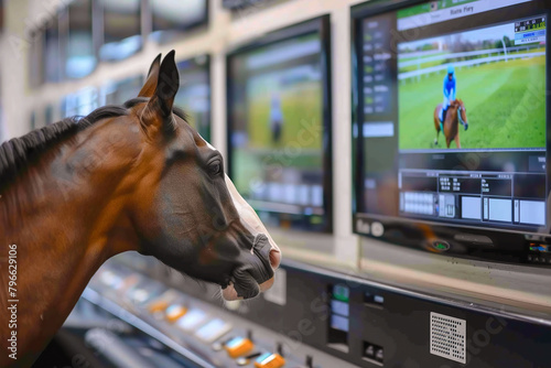A horse watching television screens showing horse racing & horse riding. Sports betting statistics. Betting house. Generatve AI.