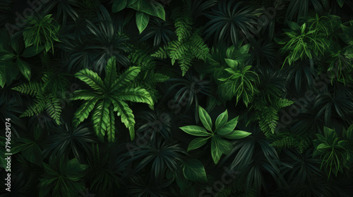 Horizontal splash with lush tropical green leaves. Herbal solid background. Abstract green natural die