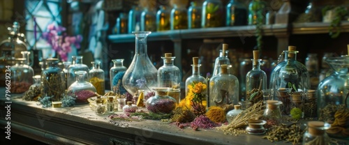 The Potion Masters workspace is a chaotic mess of jars vials and dried herbs each containing a key ingredient in their latest concoction. . .