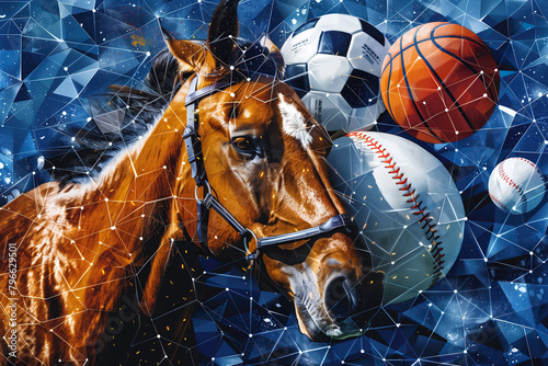 IA Illustration. Race horse, baseball, soccer ball and basketball. Sports concept, sports betting. Blue background with bright colors. Generative AI