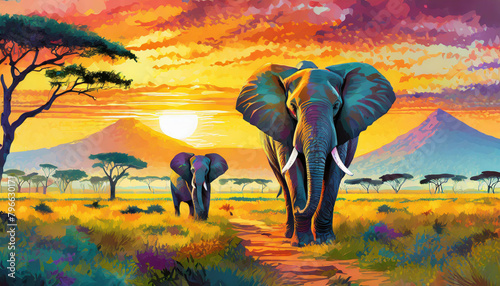African savanna wildlife, sunset background, realistic elephants, vibrant colors, detailed