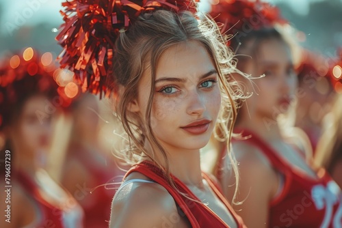 Young cheerleader with blue eyes and a gentle smile is framed by warm sunlight and red pom-poms