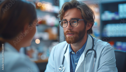 An animated 3D model of a pharmacist consulting with a patient over telehealth