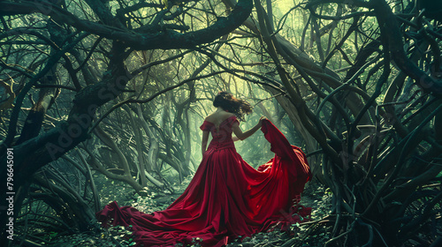 Countess in a long red dress is walking in a green 