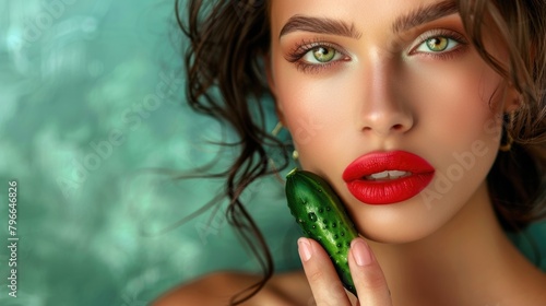 A beautiful woman with red lips holds a cucumber near her face. The theme of marital relations and pleasure.