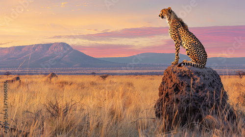 A cheetah poised on a termite mound, surveying the vast savanna, the panoramic view encompassing the vibrant colors of the setting sun against the mountains.