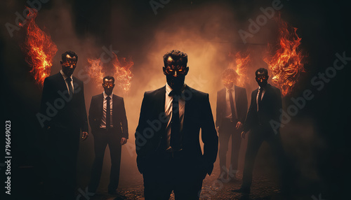A group of men in suits and ties stand in front of a fiery background