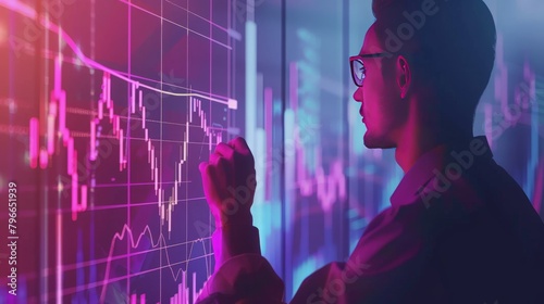 illustration, male entrepreneur or investor playing with up and down graphs. Investing strategy on financial Stock exchange market. Financial adviser, analytics, stockbroker 