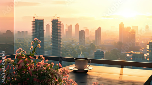 A serene scene of morning coffee on a balcony overlooking the city, capturing a moment of solitude and reflection.
