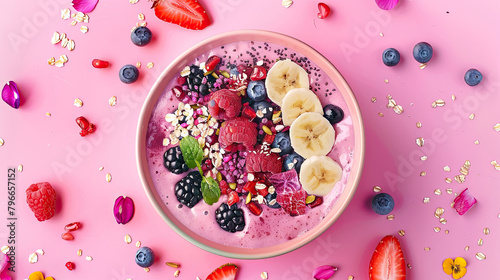 A vibrant smoothie bowl adorned with an array of toppings, focusing on health and the beauty of superfoods.