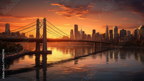 sunset over the bridge, Amajestic bridge spanning a river, its steel cables and concrete pillars standing tall against the city skyline. The sun sets behind it, casting a warm glow on the water
